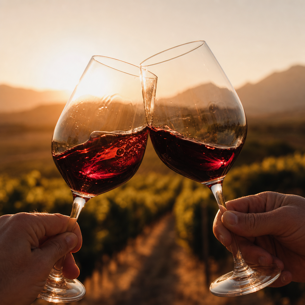 Dos copas de vino tinto brindando al atardecer